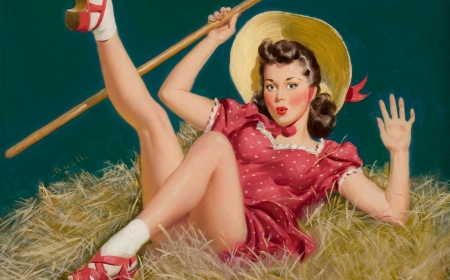 Cowgirl - hat, summer, cowgirl, pictura, funny, painting, hay, alfred leslie buell, art, luminos, pin-up