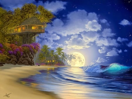 Moonrise - moon, summer, blue, beach, pictura, painting, cloud, signed, tree house, art, luminos, sky, luna