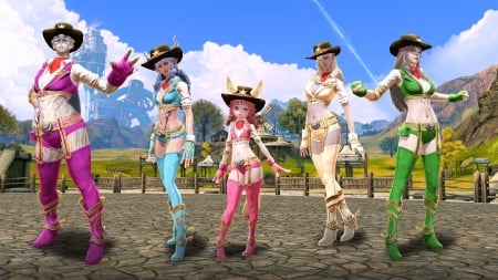 Gameday Cowgrils - style, girls, western, hats, anime, digital art, brunettes, cowgirl, video games, fun, female, boots, blondes