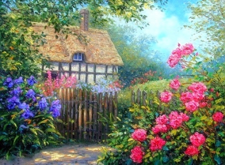 Cottage Rose - roses, gate, attractions in dreams, paintings, spring, flowers, nature, garden, cottages, love four seasons, houses