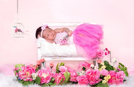 Little sleeping beauty - girl, flower, pink, copil, baby, child, sleep, rose, cute