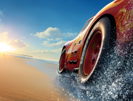 Car on the beach - red, summer, car, water, beach, sea, blue