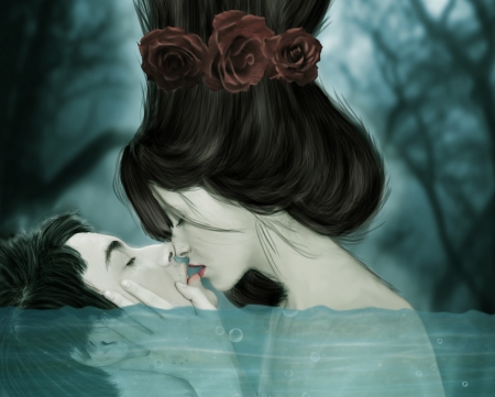 The kiss - water, summer, girl, flower, man, fantasy, rose, kiss, couple, luminos, lovers