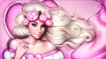 Beauty - girl, blonde, flower, pink, sweet, frumusete, fantasy, peony, wreath, hand, ayyasap, face, luminos