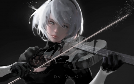 Silence - wlop, black, instrument, violin, girl, art, white, fantasy, luminos