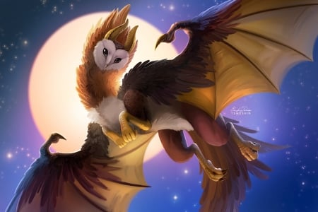 Owl-dragon - moon, eric proctor, yellow, blue, pokemon, owl, fantasy, dragon, wings, tsaoshin, luminos, luna