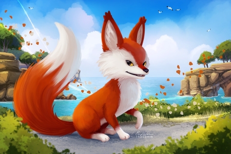 Rime - vulpe, rime, fantasy, pokemon, fox, game, red, blue, luminos, orange, green, eric proctor, tsaoshin