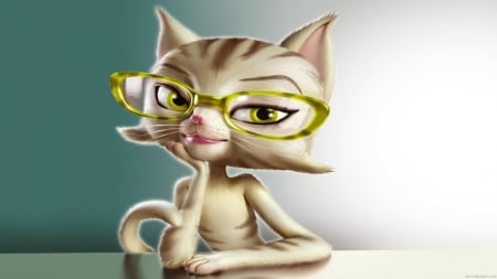 Cat - cat, glasses, green, animal, elegant, fantasy, pisica, cg