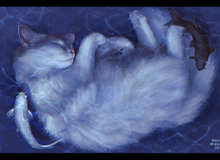 Cat's dream - helena nikulina, summer, blue, dream, cat, fantasy, pisica, white, fish, art, luminos