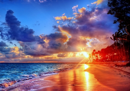 beach dreams - sky, beach, water, reds, oranges