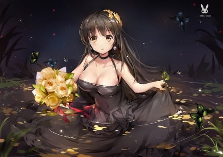 Girl - anime, water, yellow, dress, girl, wet, night, flower, bouquet, tracyton, black, manga