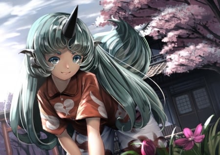 Koman Aunn - ryosios, girl, koman aunn, fantasy, spring, touhou, blue, pink, anime, unicorn, manga