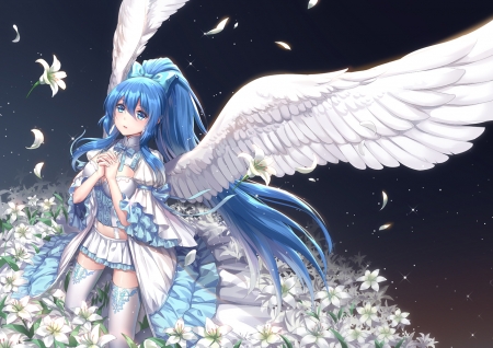 Angel - anime, blue, girl, angel, flower, althea sakiya0000, manga, fantasy, white, wings