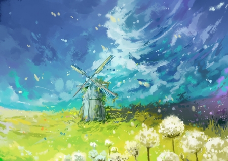 Landscape - cloud, axle, dandelion, landscape, mill, anime, blue, manga, art, sky, field, luminos, green