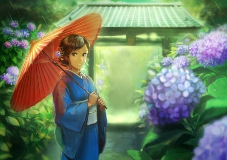 Rainy day - flower, rain, girl, umbrella, manga, purple, pink, harunatsu akifumi, anime, lilac, blue, garden, orange, kimono, japanese, hydrangea, green