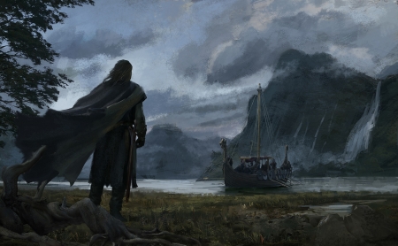 Warrior - warrior, black, fantasy, viking, art, ship, dark, river, man, andrey bakulin, boat