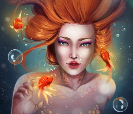 Mermsid - sirena, summer, mermaid, golden, art, luminos, girl, portrait, orange, fantasy, redhead, dahlia khodur, hand, underwater, bubbles, beautyfy me, fish