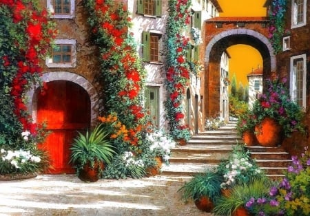 L'altra Porta Rossa al Tramonto - gate, arches, summer, attractions in dreams, paintings, red door, flowers, villages, love four seasons, houses