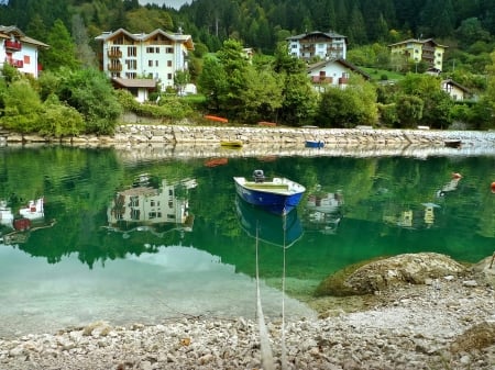 Molveno River,Italy - houses, trees, italy, shore, rocks, nature, reflection, river, boat