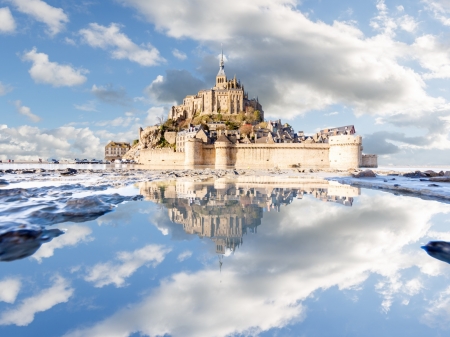 Normandy Castle - clouds, sea, reflection, castle, monastery