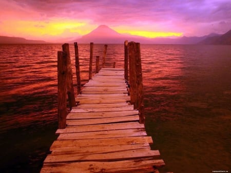 Pier at Sunset - nature, sky, pier, sunset, mountains, sea