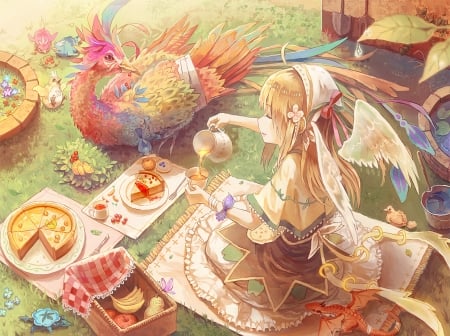 Picnic with a phoenix - bird, anime, phoenix, food, girl, picnic, angel, nagakura seven walkers, manga, fantasy, wings, pasare