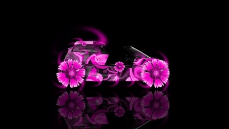 Pink car - black, fantasy, car, tony kokhan, flower, creative, pink