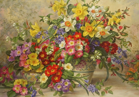 Spring flowers - vase, yellow, spring, flower, colorful, pictura, red, painting, floral, poole pottery, art, luminos