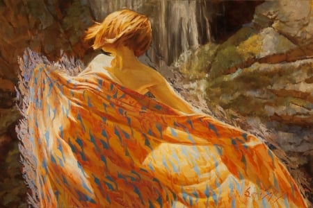 Elanis - summer, wind, sergio lopez, scarf, girl, redhead, art, pictura, orange, luminos, painting, woman