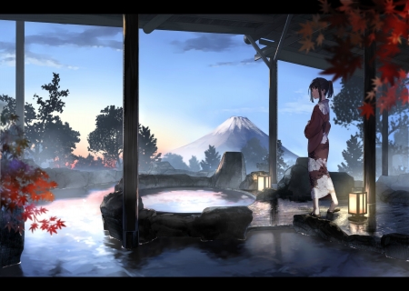 Autumn evening - anime, blue, window, evening, girl, bath, kimono, manga, autumn, ouchikaeru, art, luminos, japanese