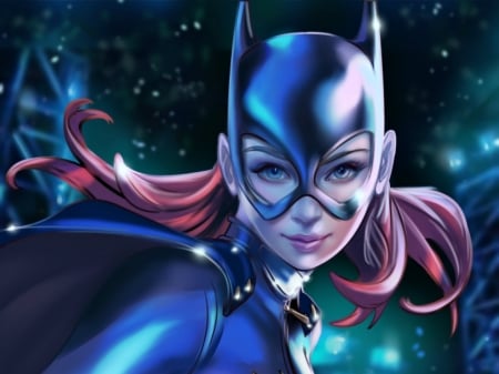 Batgirl - batgirl, mask, girl, frumusete, fantasy, cris delara, fanart, art, luminos, red, blue, comics