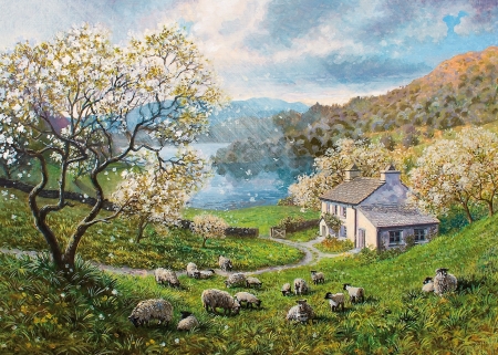 Spring storm - storm, spring, white, sheep, painting, art, luminos, blue, blossom, green, tree