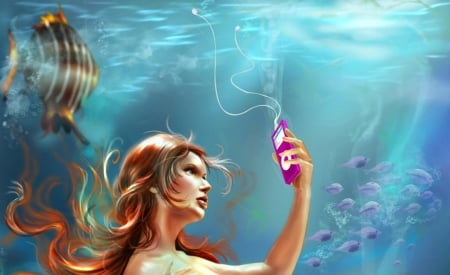 Curious mermaid - summer, pink, sirena, girl, blue, art, ipod, fantasy, mermaid, cris delara, fish, luminos, underwater