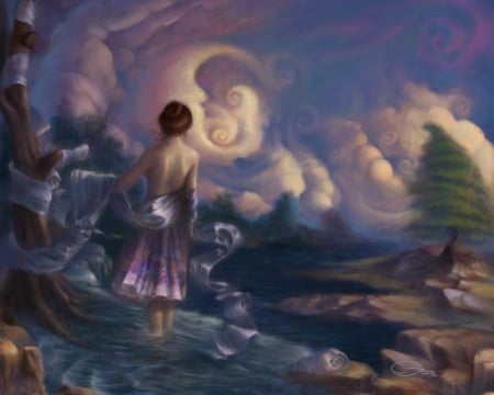 Waiting for the moon - girl, pictura, fantasy, volkair, painting, cloud, art, luminos, sky