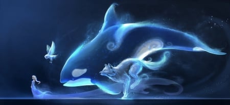 Elsa and her pets - animal, bird, spirit, frozen, running, blue, wolf, fantasy, whale, elsa, luminos, snow queen