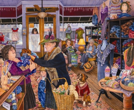 The Yarn Shop - susan brabeau, dog, child, pictura, the yarn shop, funny, painting, woman, luminos