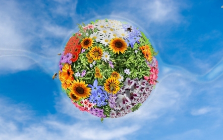 Floral Earth - sky, colorful, summer, ball, fantasy, creative, bee, floral, blue, insect, flower, earth