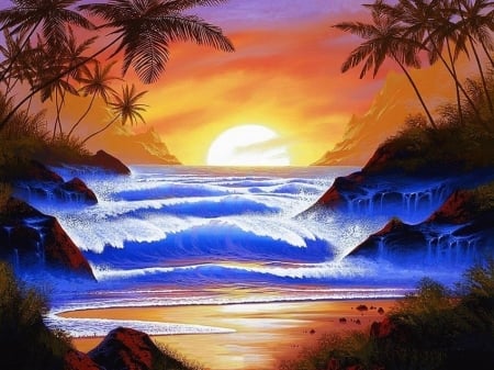 Golden Glow - summer, attractions in dreams, paintings, beaches, sea, sunrise, nature, palm trees, paradise, love four seasons