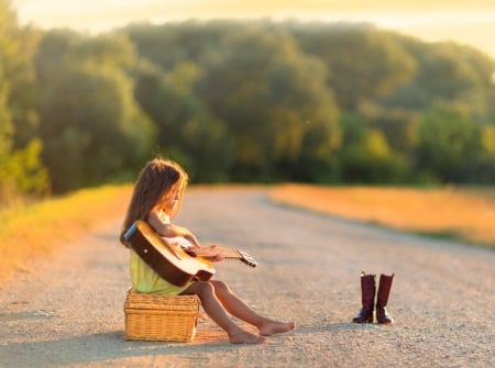 Little girl - princess, guitar, people, hair, sunset, belle, sightly, white, face, childhood, fair, little, bonny, adorable, wallpaper, child, bag, forest, beautiful, pink, sweet, feet, nice, beauty, street, photography, pretty, baby, green, tree, cute, shoes, sit, kid, girl, dainty, lovely, pure, comely, desktopnexus, blonde