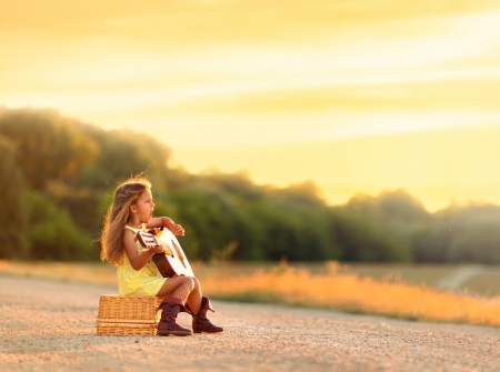 Little girl - princess, guitar, people, hair, sunset, belle, sightly, white, face, childhood, fair, little, bonny, adorable, song, wallpaper, child, bag, forest, beautiful, pink, sweet, beauty, nice, sky, street, photography, cowgirl, pretty, baby, green, tree, cute, sit, kid, dainty, girl, lovely, pure, comely, desktopnexus, blonde