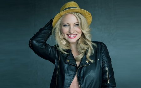 Candice Accola - hat, yellow, blue, girl, blonde, actress, black, Candice Accola, smile, woman