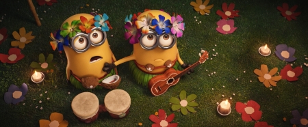 Despicable Me 3 (2017) - summer, despicable me 3, hawaii, flower, guitar, funny, green, cute, couple, minion