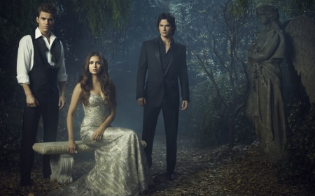 The Vampire Diaries (TV Series 2009â€“2017) - nina dobrev, angel, paul wesley, the vampire diaries, stefan, fantasy, poster, trio, ian somerhalder, damon, actor, elena