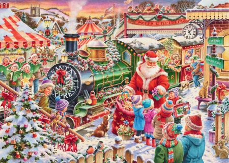 Christmas gifts from Santa - winter, children, christmas, pictura, train, craciun, red, green, painting, gift, santa calus, art