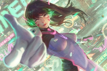 D.Va - girl, guweiz, overwatch, fantasy, art, pink, hand, luminos, green, d va