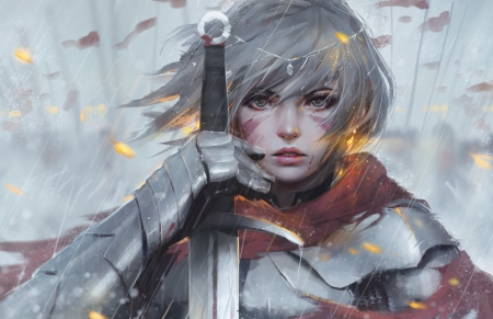 Warrior girl - girl, warrior, guweiz, fantasy, armor, art, grey, luminos, red, sword