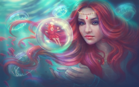 Mermaid - girl, child, fantasy, underwater, bubble, art, pink, blue, luminos, mermaid, sirena