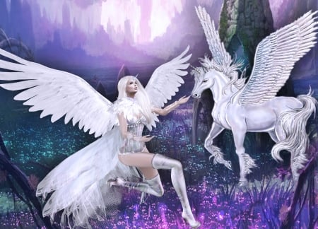 Angel and Pegasus - fantasy, white, wings, girl, pegasus, angel, pink, luminos