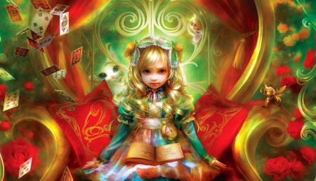 Alice - cat, girl, pisica, fantasy, shu, alice, art, wonderland, luminos, red, card, green, tea time, cute