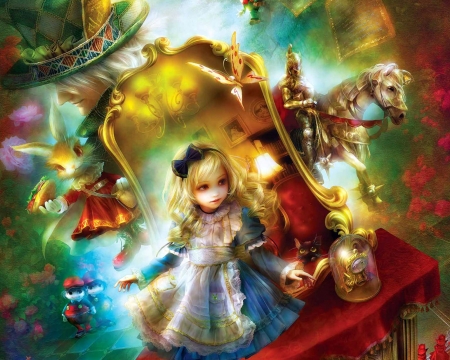 Alice - wonderland, horse, knight, shu, fantasy, mad hatter, mirror, alice, art, luminso